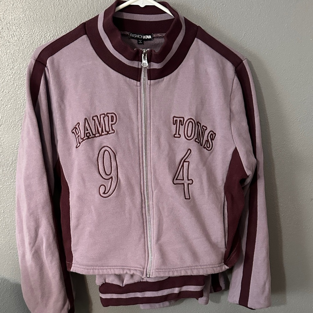 Fashion Nova Mauve and Burgundy Varsity Jacket